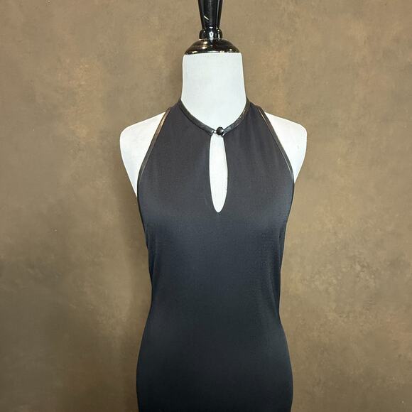 KOKIN New York Black Leather-Trim Halter Gown Size 10 Elegant Evening Statement - Picture 1 of 16